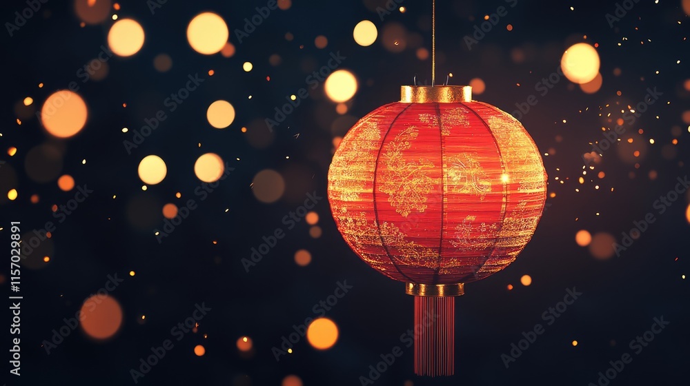 Poster ornate red lantern with golden patterns and bokeh background