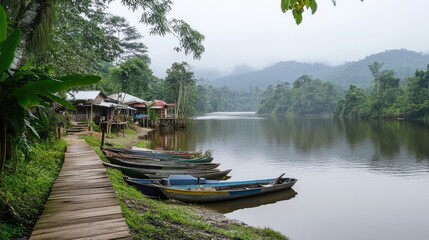 Scenic jungle village by tranquil river with lush wildlife and rustic boats under misty mountains in serene nature setting