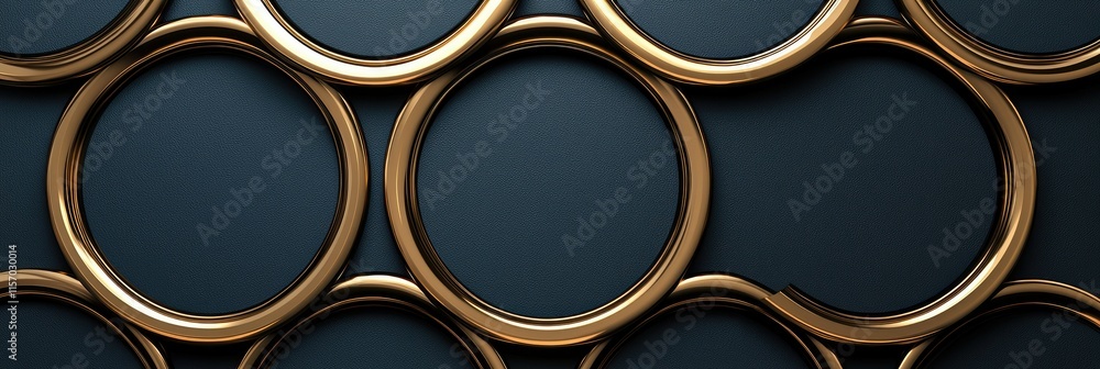 Poster a close-up of interlocking circular patterns with a metallic finish on a dark background.