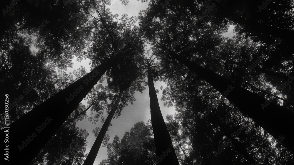 Aufkleber looking up at towering trees in a serene forest creating a dramatic silhouette against a cloudy sky 