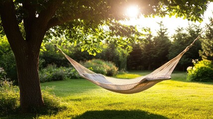Obraz premium Serene Hammock Under a Tree Amidst Lush Greenery at Sunset