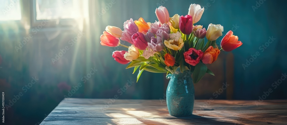 Poster vibrant spring bouquet of multicolored tulips in a rustic vase creating a warm cozy atmosphere for i
