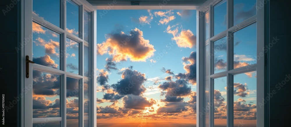 Poster serene sunrise view through an open window showcasing a colorful sky and fluffy clouds embodying mor
