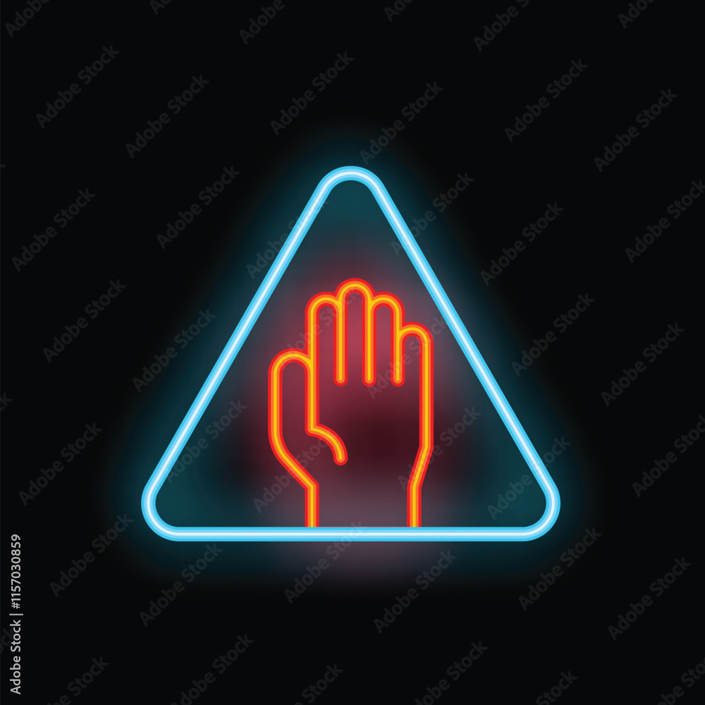 Poster neon stop sign showing an open hand in a triangle shape on a black background