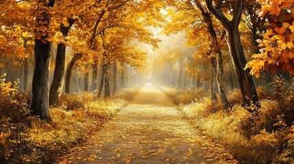 Autumn vineyard pathway lined with golden leaves showcasing a serene and picturesque seasonal landscape in warm hues