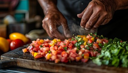 Experienced Chef s Hands Chopping Vibrant, Fresh Salsa Ingredients on a Rustic Wooden Cutting Board