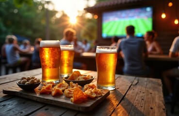 Group enjoys frosty beer and snacks outdoor bar during summer evening. People watch soccer match on large screen. Rustic wooden table with food and drinks. Casual summer vibe. Lively atmosphere.