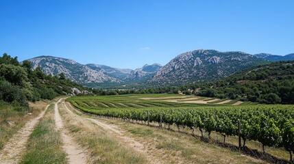 Vineyard pathway in the scenic route of grand crus showcasing lush green landscape and mountains under a clear blue sky