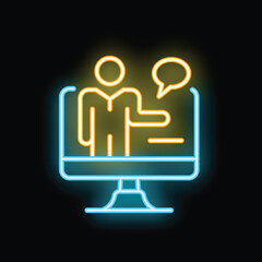 Neon sign representing a businessman making a presentation on a computer screen