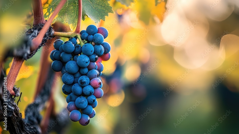 Poster vibrant grape cluster with bokeh effect in vineyard during golden hour showcasing rich colors and sh