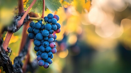 Vibrant grape cluster with bokeh effect in vineyard during golden hour showcasing rich colors and shallow depth of field in autumn foliage