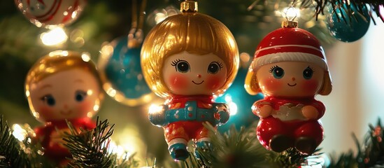 Vintage Christmas ornaments featuring nostalgic dolls and colorful decorations on a beautifully adorned festive tree.