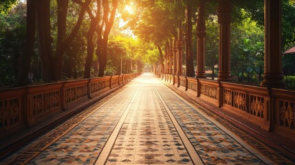 Fototapeta premium Serene Pathway in Lush Green Park with Sunlight Glowing Through Trees
