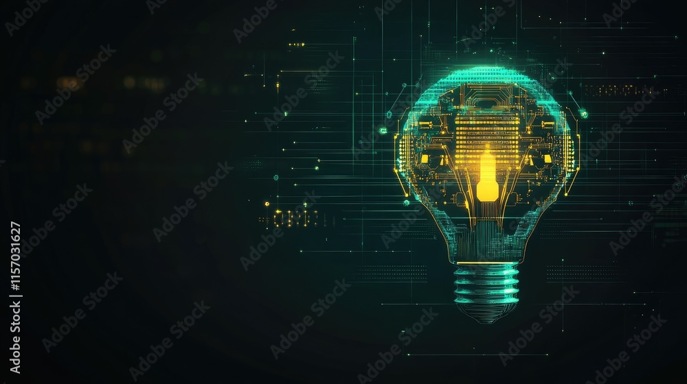 Poster futuristic lightbulb concept with digital circuit design background