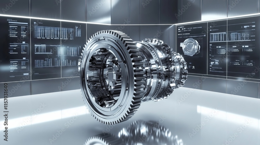 Poster complex gearbox rotating in futuristic workshop with digital data displayed