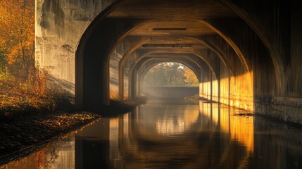 Naklejka premium Serene Reflection Beneath Bridge with Golden Light and Calm Waters in Autumn Ambiance