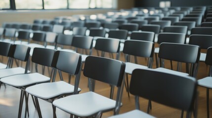 Empty chairs arranged for a large meeting space.