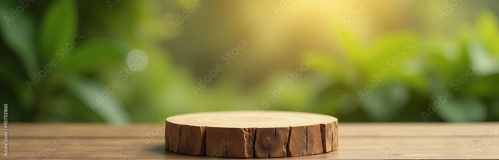 Poster Simple Wooden Podium Against Blurred Nature Background Ideal For Product Presentation With A Touch Of Elegance And Sophistication. 00002