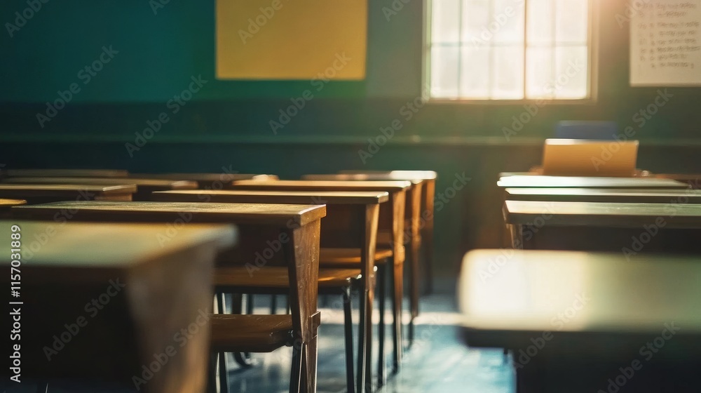Poster empty classroom with sunlight streaming in.