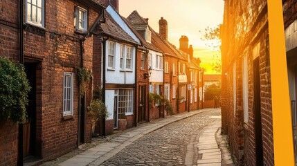 Obraz premium Charming Cobblestone Street at Sunset in Quaint Historic Village