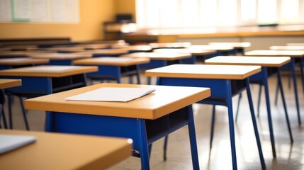 Empty classroom with neat blue desks in sunlight.