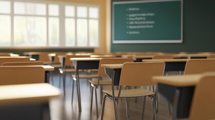 Empty classroom with rows of wooden desks.