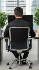 Man seated at a spacious desk, focused on coding or data analysis using dual computer monitors in a contemporary office environment