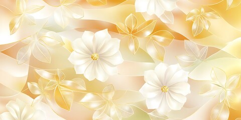 Obraz premium Elegant floral pattern with white flowers and golden leaves on a soft, wavy background.