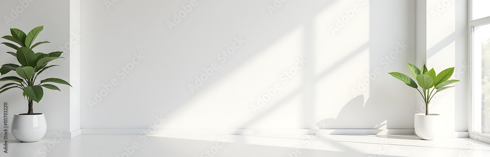 Poster Simple White Interior Design Featuring A Blank Wall Created Using Bright And Warm Mock Up Tones. 00003