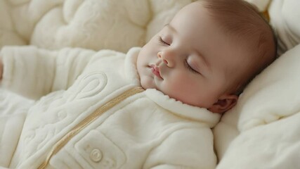 A serene baby sleeps peacefully in a soft, white outfit, surrounded by plush blankets for a cozy and calm atmosphere.