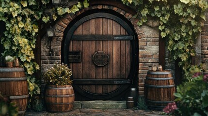 Rustic village garage with wooden door and barrels surrounded by lush greenery and brick wall details
