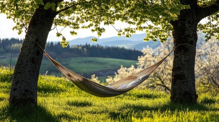 Tranquil Hammock between Trees in Serene Nature Setting