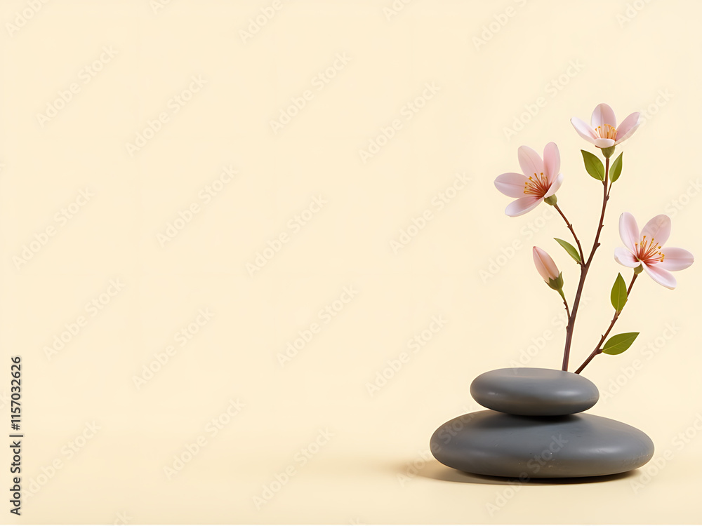 Poster simple floral design featuring a flower branch and stone on a bright beige background in a banner fo