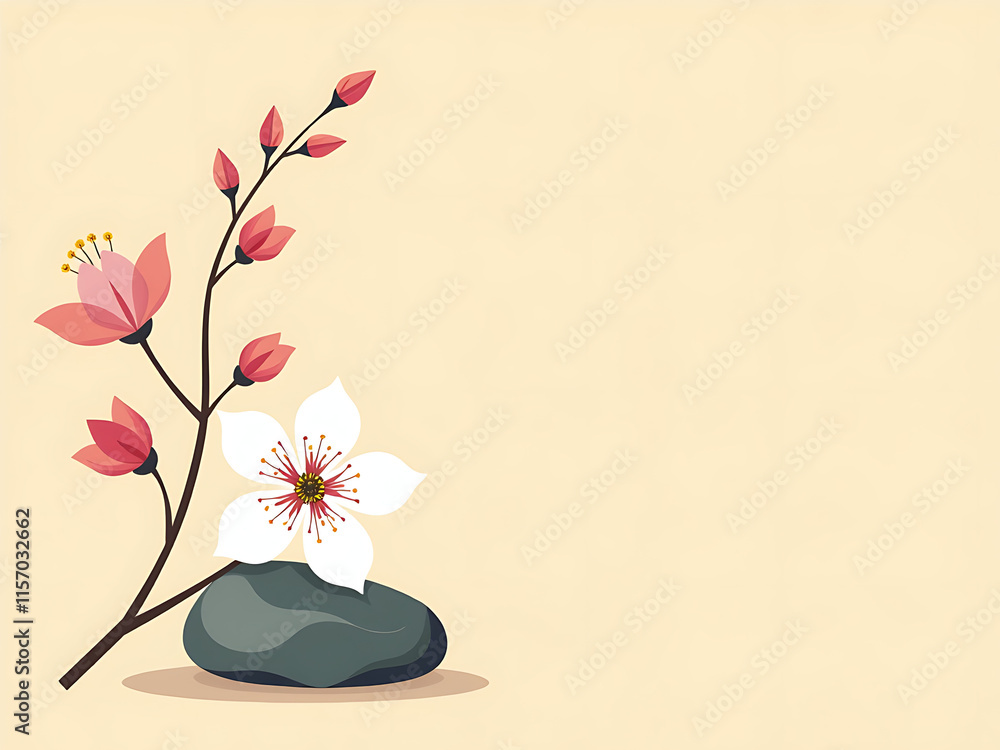 Poster Simple Floral Design Featuring A Flower Branch And Stone On A Bright Beige Background In A Banner Format. 00002