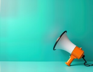 Orange megaphone on turquoise background. Blank megaphone on mint green surface. Call to action in presentation. Call to participate engage. Visual aids for important announcements, summaries.