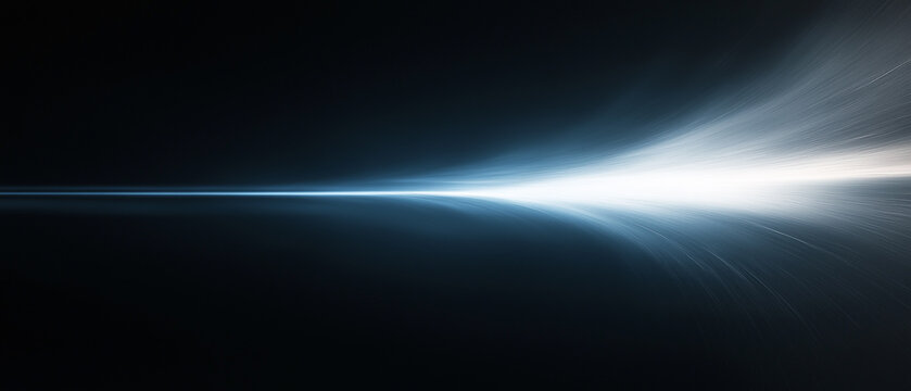 Dynamic abstract light burst radiating in white and blue tones on a deep black background