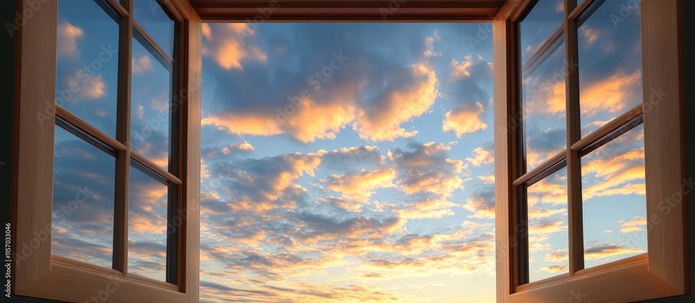 Poster serene sunrise view through an open window showcasing a colorful sky filled with fluffy clouds and m