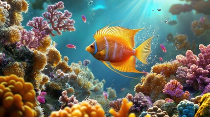 Obraz premium An angelfish gliding gracefully past a garden of soft and hard coral.