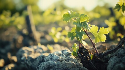 Vibrant vine plant growing against a textured rocky background in a serene natural setting showcasing resilience and beauty of nature.