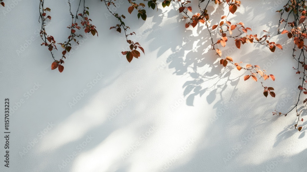 Poster autumn vines casting shadows on a white wall creating a serene and peaceful atmosphere in a natural 