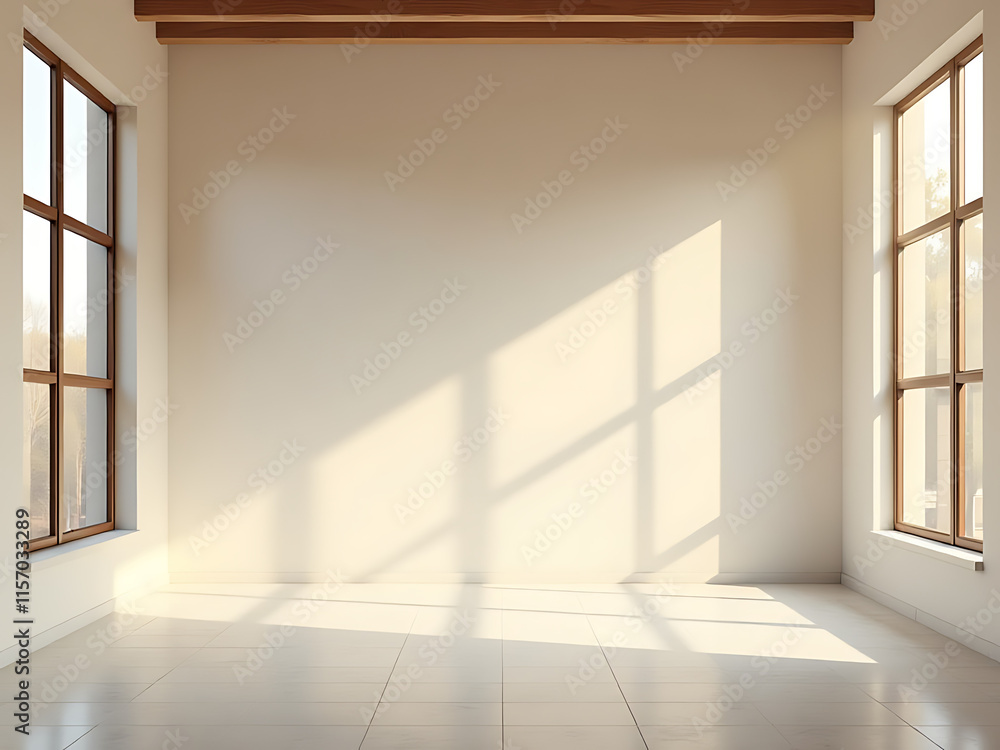 Poster simple empty space with large windows receives bright warm tones, ideal for creating a clean adverti
