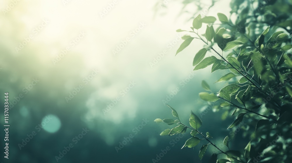 Poster soft green bokeh background with delicate leaves creating a serene and tranquil atmosphere for natur