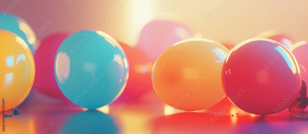 Poster colorful balloons arranged in a flat lay style creating a festive border for birthdays or celebratio