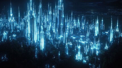 Ethereal Cityscape with Glowing Towers Under Night Sky
