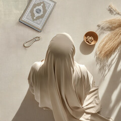 This image captures the holy ritual of Namaz in an enclosed space, with the figure of a Muslim in prayer. The comfort and coziness of home highlight the spiritual connection to Allah during Ramadan.