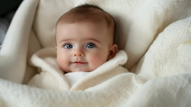A happy baby smiles sweetly while wrapped in a soft, white blanket, exuding warmth, innocence, and pure joy indoors.