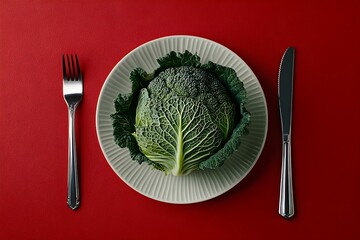 Freshly harvested broccoli on a white plate against a vibrant red background
