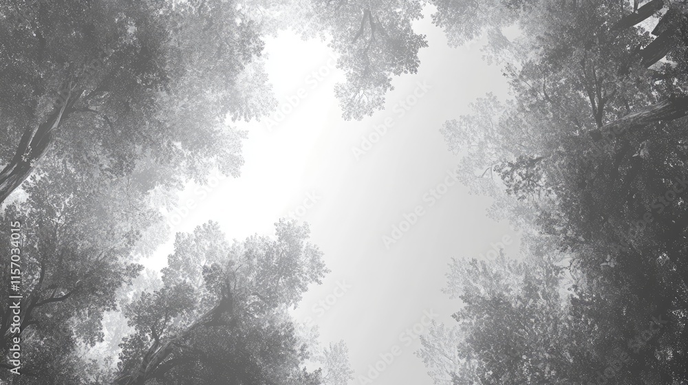 Poster misty canopy view of tall trees reaching towards a bright sky in a serene forest setting