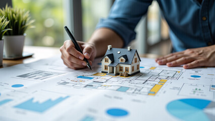 Fototapeta premium real estate agent writing on house plan with villa model in a professional workspace, showcasing expertise and attention to detail in property planning.