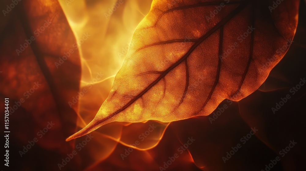 Poster vibrant backlit vine leaf with intricate vein patterns glowing in warm light against a softly blurre